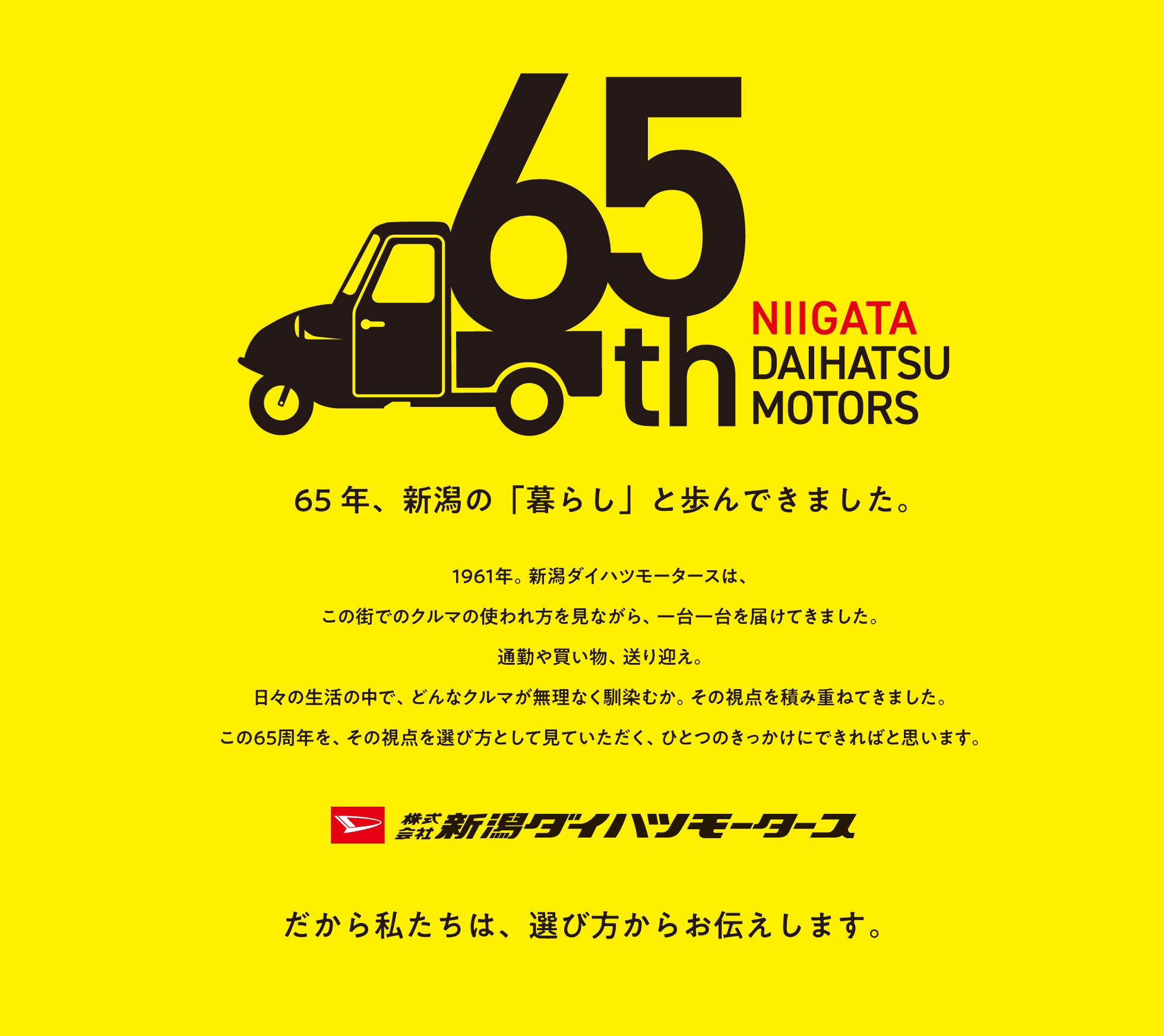65年、新潟の「暮らし」と歩んできました。1961年。新潟ダイハツモータースは、この街でのクルマの使われ方を見ながら、一台一台を届けてきました。通勤や買い物、送り迎え。日々の生活の中で、どんなクルマが無理なく馴染むか。その視点を積み重ねてきました。この65周年を、その視点を選び方として見ていただく、ひとつのきっかけにできればと思います。 株式会社新潟ダイハツモータース だから私たちは、選び方からお伝えします。